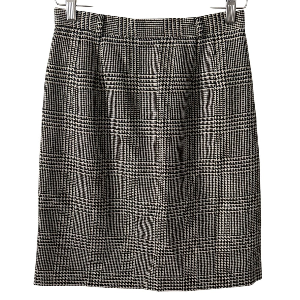 Talbots Women Sz 8 Black White Glen Plaid 100% Wool Pencil Skirt Timeless Office